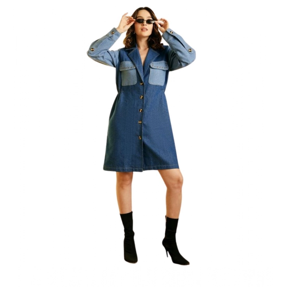 Generic Women’s Denim Color Blocking Roll Up Dress (Blue)