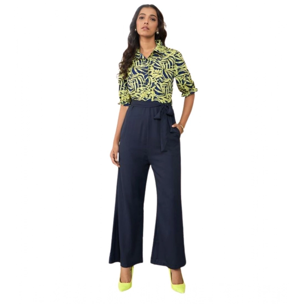 Generic Women’s Polyester Floral Half Sleeves Jumpsuit (Navy – Yellow)