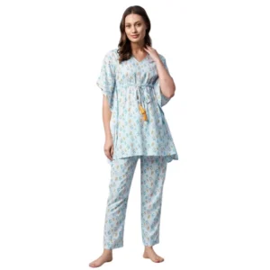 Generic Women's Rayon Floral Kaftan Sleeve Kaftan Sets (Light Blue)