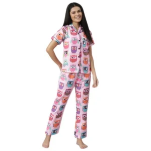 Generic Women's Cotton Blend Printed Short Sleeve Night Suit (Pink)