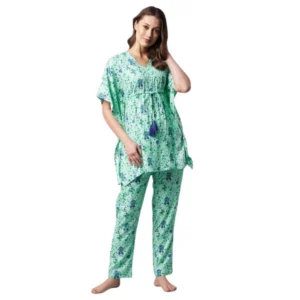 Generic Women's Rayon Floral Kaftan Sleeve Night Suit (Green - Blue)