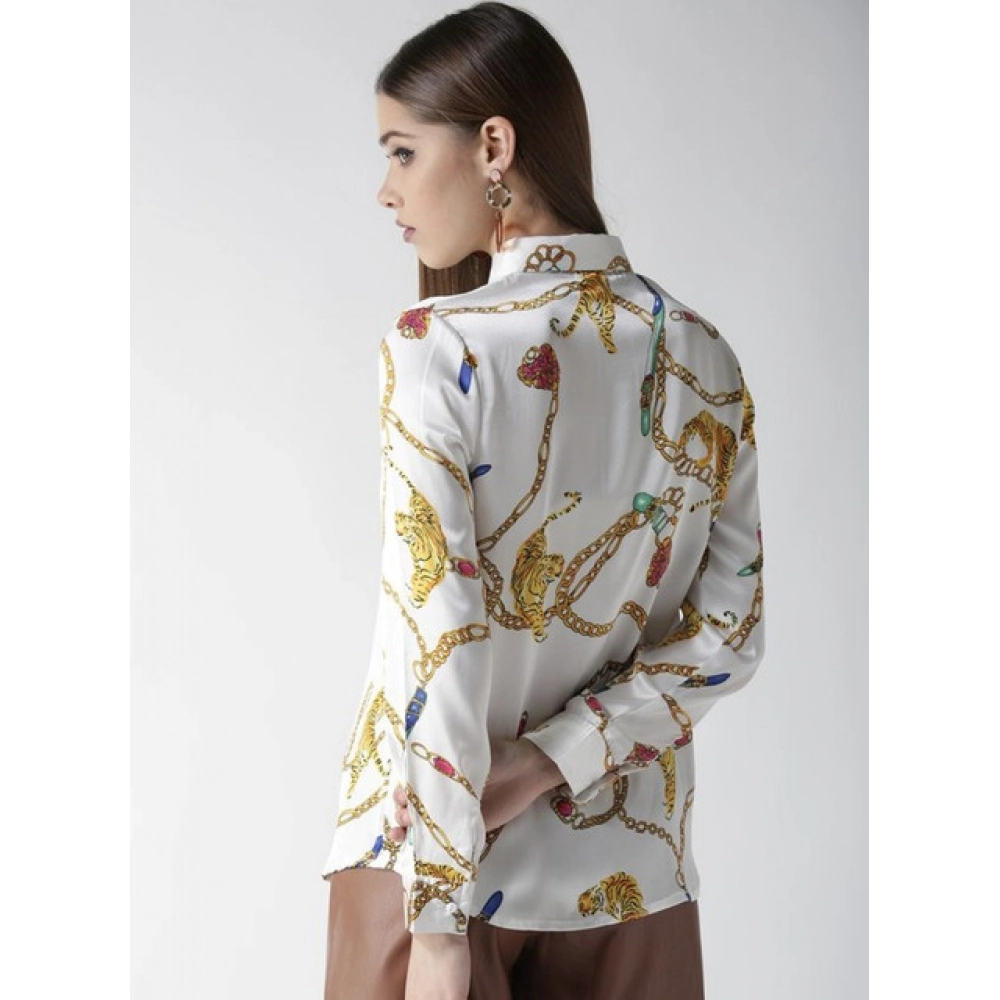 Generic Women's Satin Printed Long Sleeves Shirt (White-Gold) - Image 5