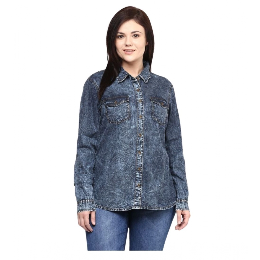 Generic Women's Denim Solid Long Sleeves Shirt (Blue)