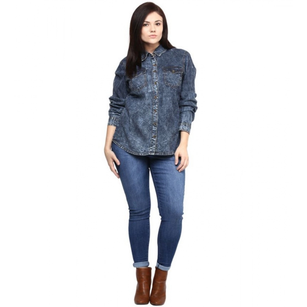Generic Women's Denim Solid Long Sleeves Shirt (Blue) - Image 4