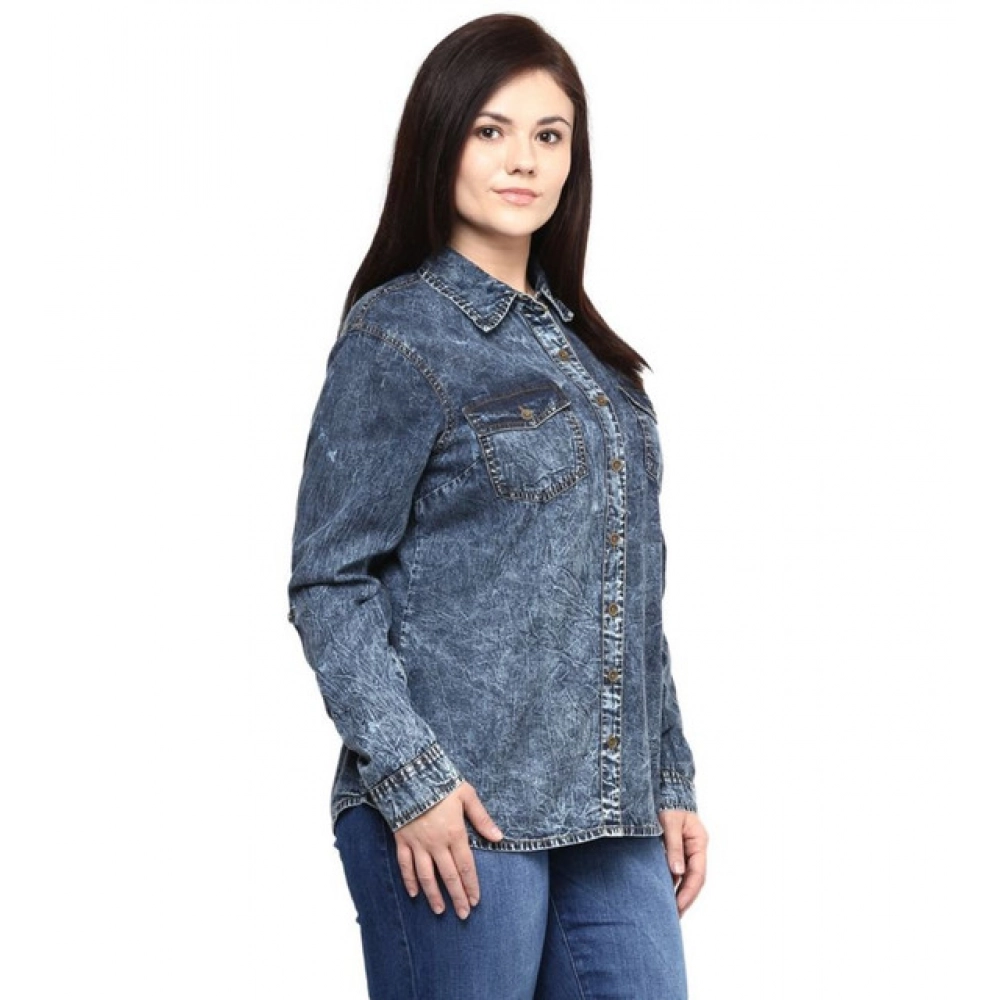 Generic Women's Denim Solid Long Sleeves Shirt (Blue) - Image 3
