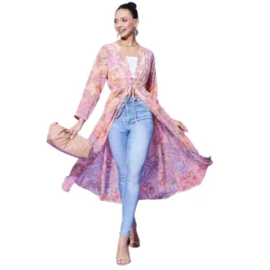 Generic Women's Polyester Floral Long Sleeves Shrug (Peach)