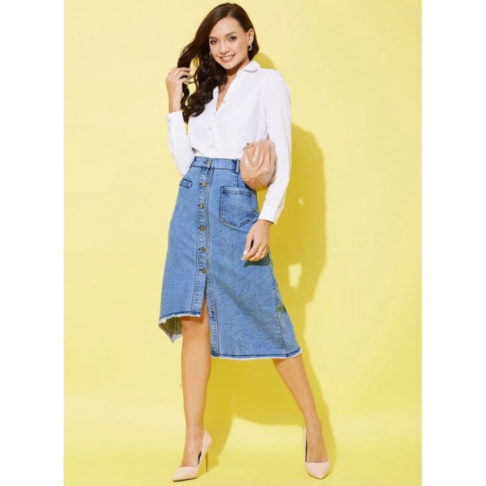 Generic Women's Denim Hi Lo Buttoned Skirt (Blue) - Image 5