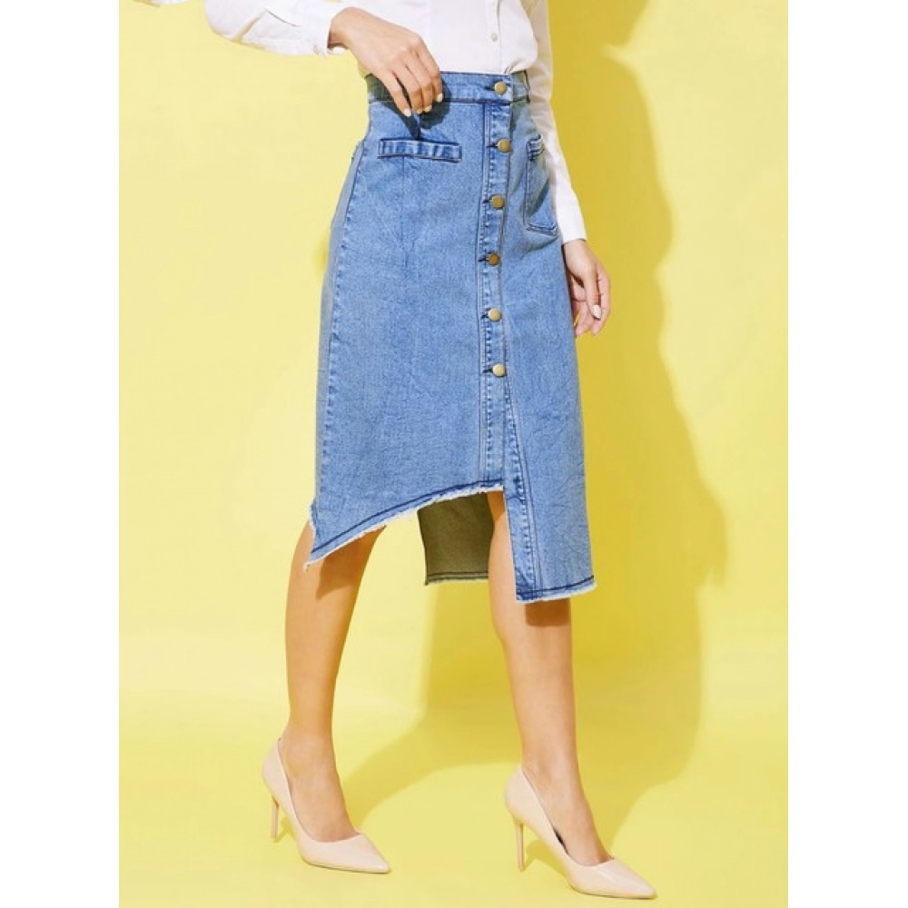 Generic Women's Denim Hi Lo Buttoned Skirt (Blue) - Image 4