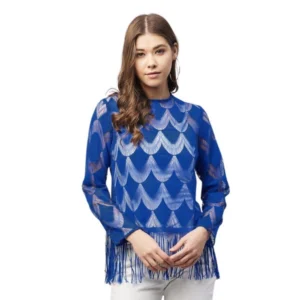 Generic Women's Lace Self Design Long Sleeves Top (Blue)