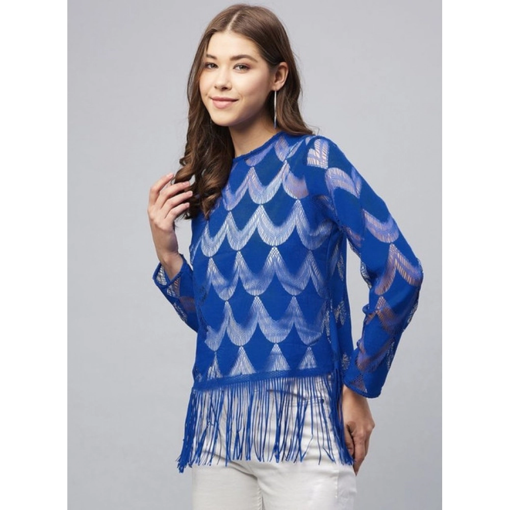 Generic Women's Lace Self Design Long Sleeves Top (Blue) - Image 3