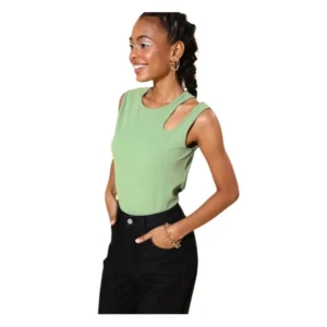 Generic Women's Polyester Lycra Solid Sleeveless Top (Green)