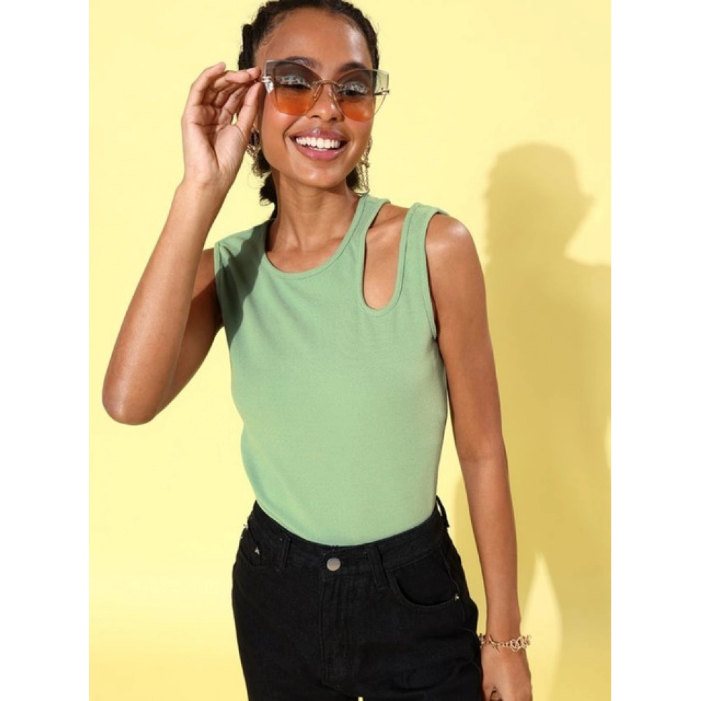 Generic Women's Polyester Lycra Solid Sleeveless Top (Green) - Image 5