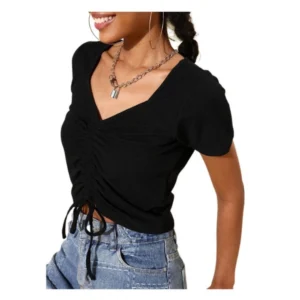 Generic Women's Polyester Lycra Solid Short Sleeve Top (Black)