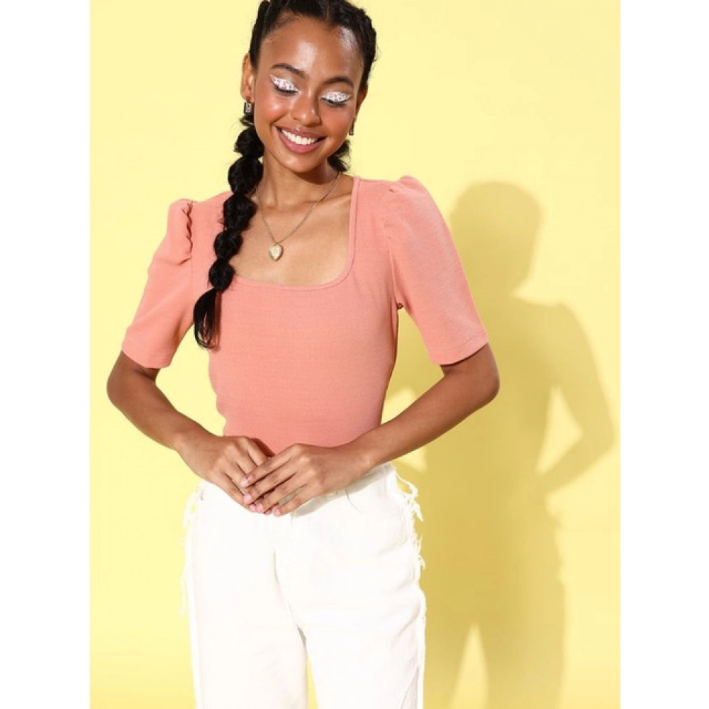 Generic Women's Polyester Lycra Solid Short Sleeve Top (Pink) - Image 4