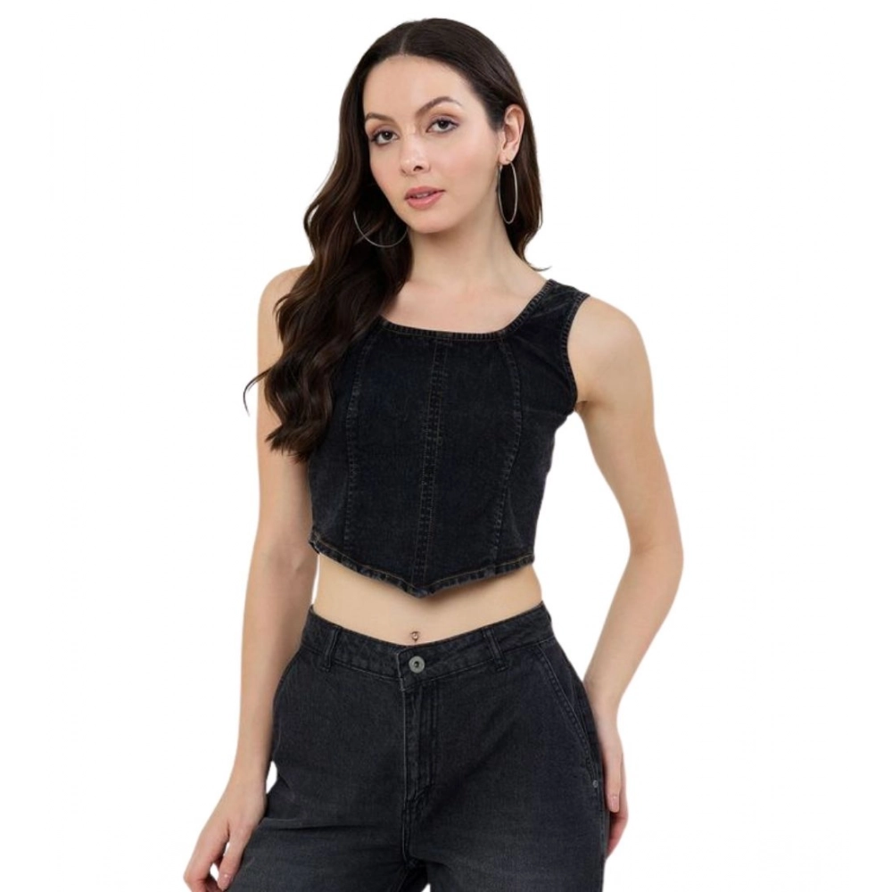 Generic Women's Denim Lycra Solid Sleeveless Top (Black)