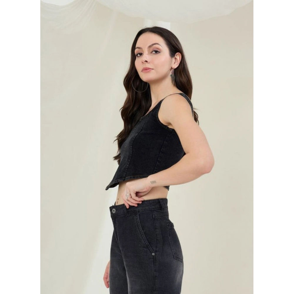 Generic Women's Denim Lycra Solid Sleeveless Top (Black) - Image 4