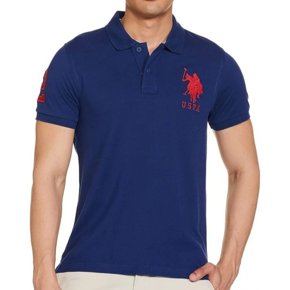 Generic Men’s Casual Half sleeve Solid Cotton Polo Neck T-shirt (Dark Blue)