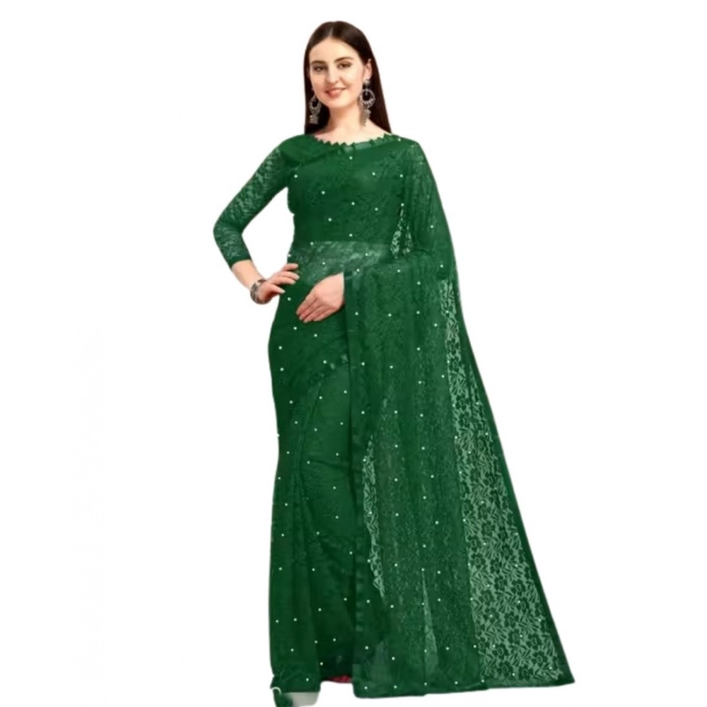 Generic Women's Net Self Design Saree With Unstitched Blouse 5.5Mtr (Green) - Image 4