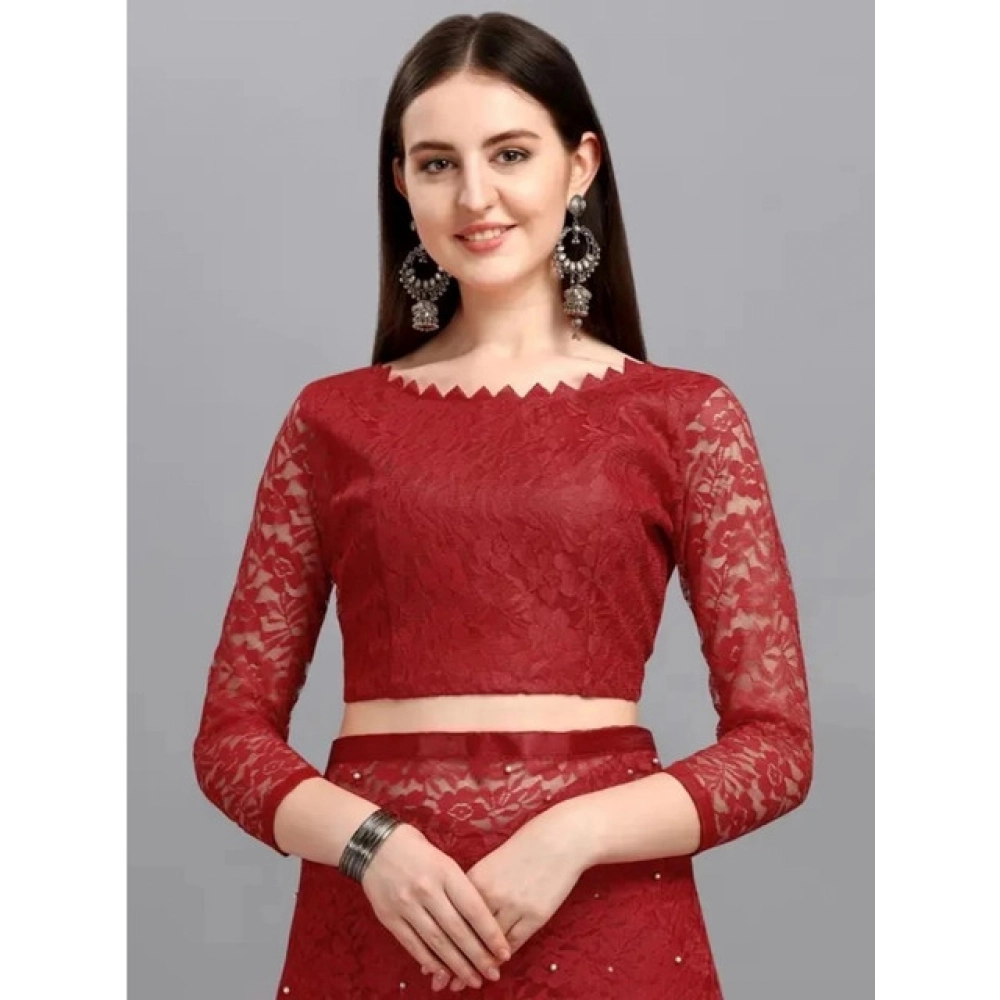 Generic Women's Net Self Design Saree With Unstitched Blouse 5.5Mtr (Maroon) - Image 3