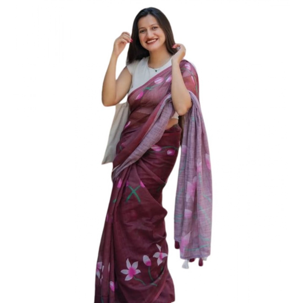 Generic Women’s Linen Printed Saree With Unstitched Blouse 5.5Mtr (Brown)