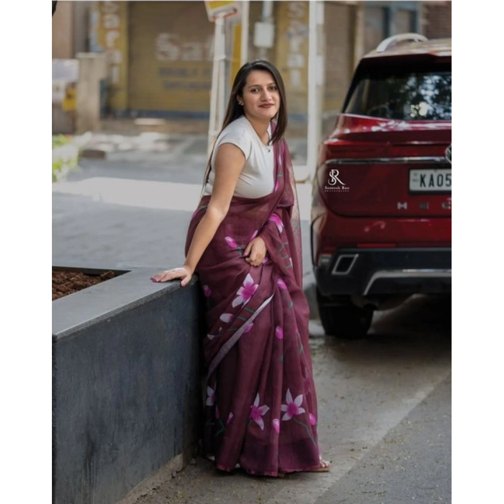Generic Women's Linen Printed Saree With Unstitched Blouse 5.5Mtr (Brown) - Image 3