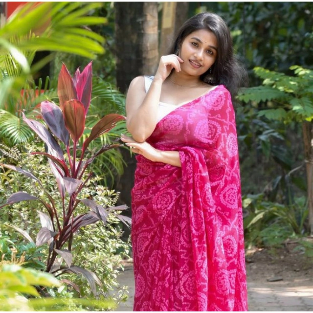 Generic Women’s Georgette Printed Saree With Unstitched Blouse 5.5Mtr (Pink)