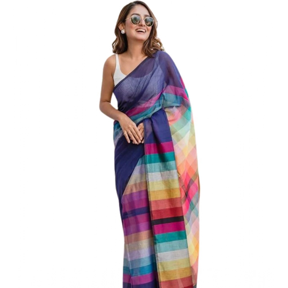 Generic Women’s Linen Printed Saree With Unstitched Blouse 5.5Mtr (Navy)
