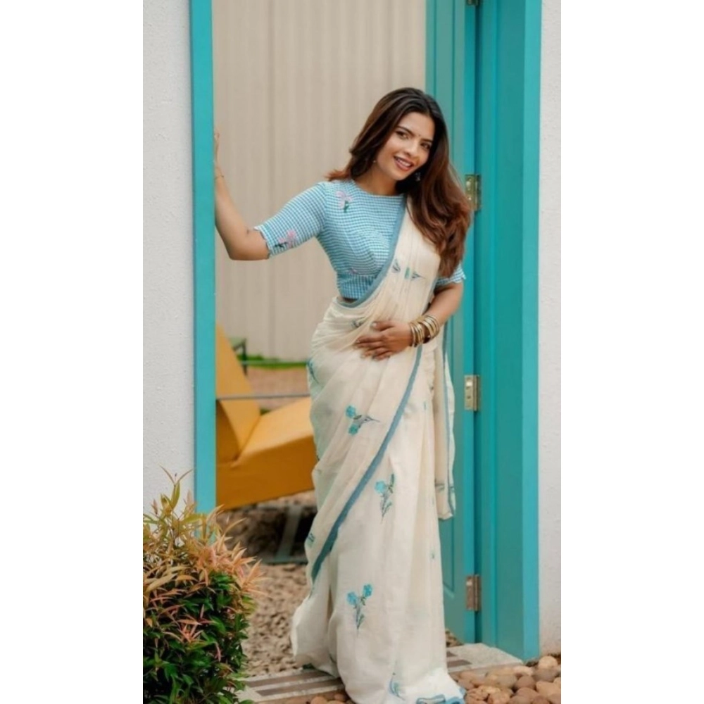 Generic Women's Linen Printed Saree With Unstitched Blouse 5.5Mtr (White) - Image 4