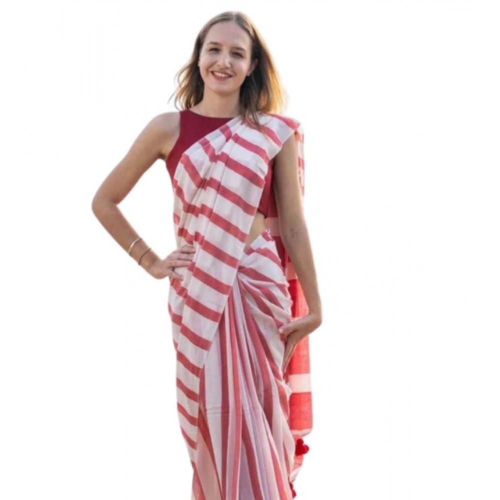 Generic Women’s Linen Printed Saree With Unstitched Blouse 5.5Mtr (Red)