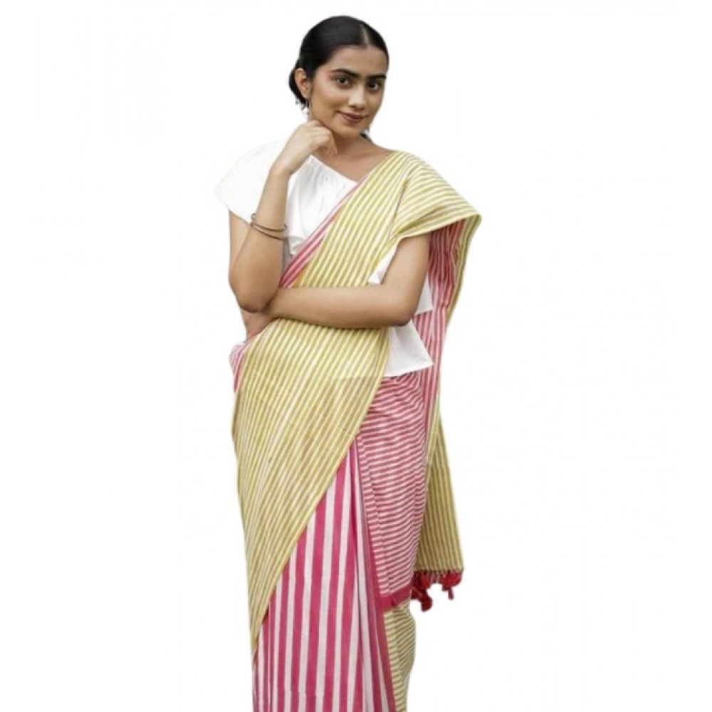 Generic Women’s Linen Printed Saree With Unstitched Blouse 5.5Mtr (Yellow)