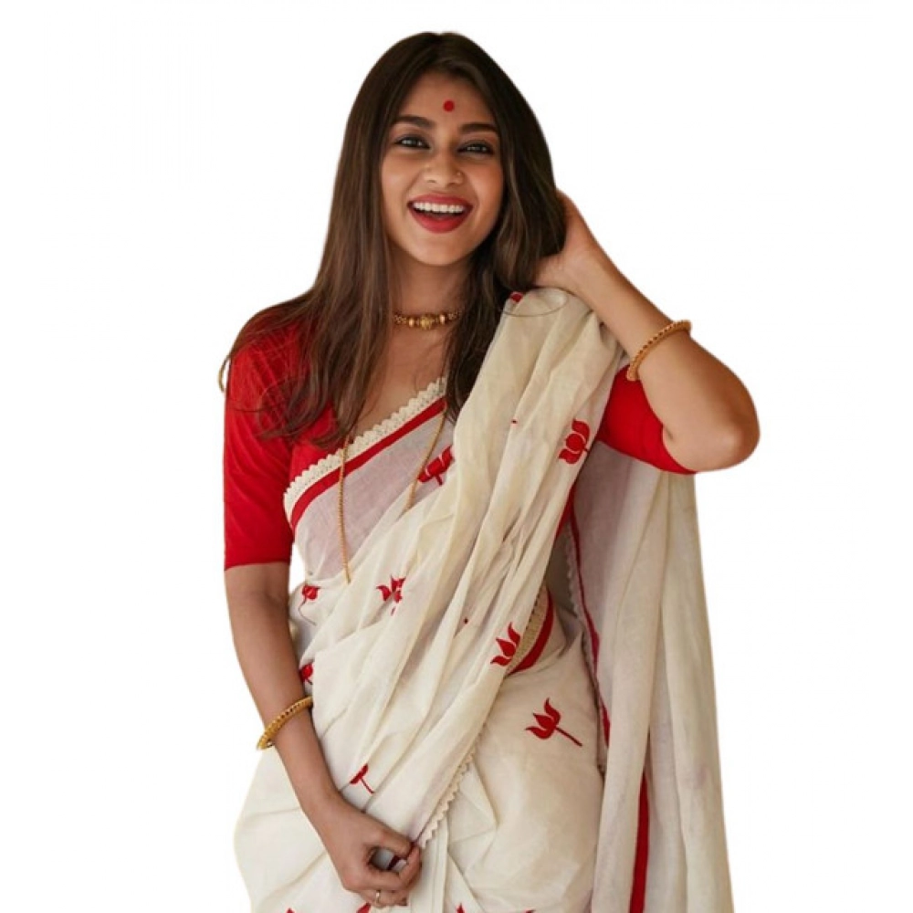 Generic Women’s Linen Printed Saree With Unstitched Blouse 5.5Mtr (White)