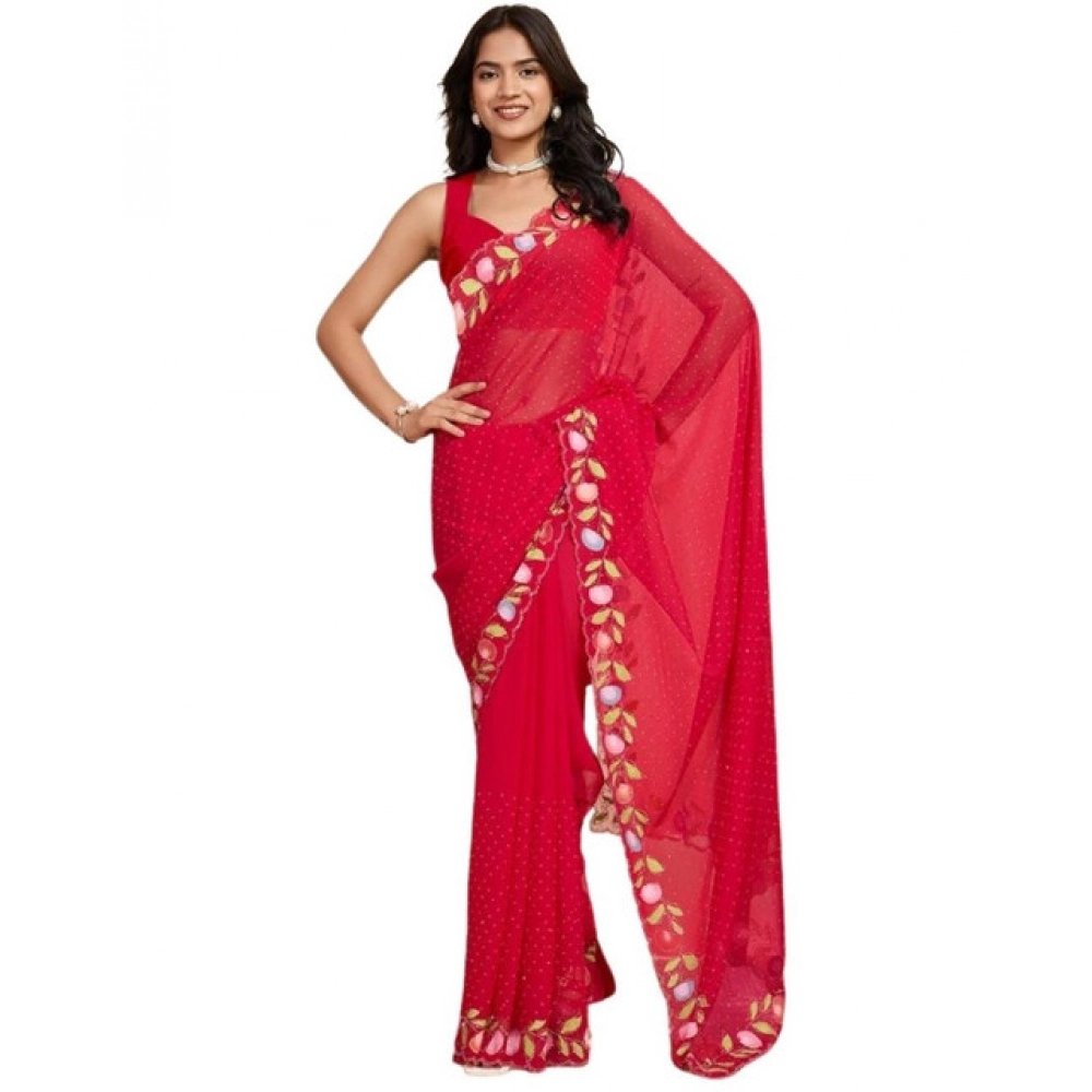 Generic Women's Georgette Printed Saree With Unstitched Blouse 5.5Mtr (Red) - Image 3