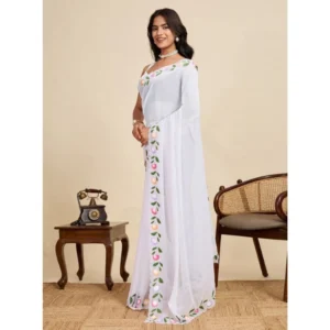 Generic Women's Georgette Printed Saree With Unstitched Blouse 5.5Mtr (White)