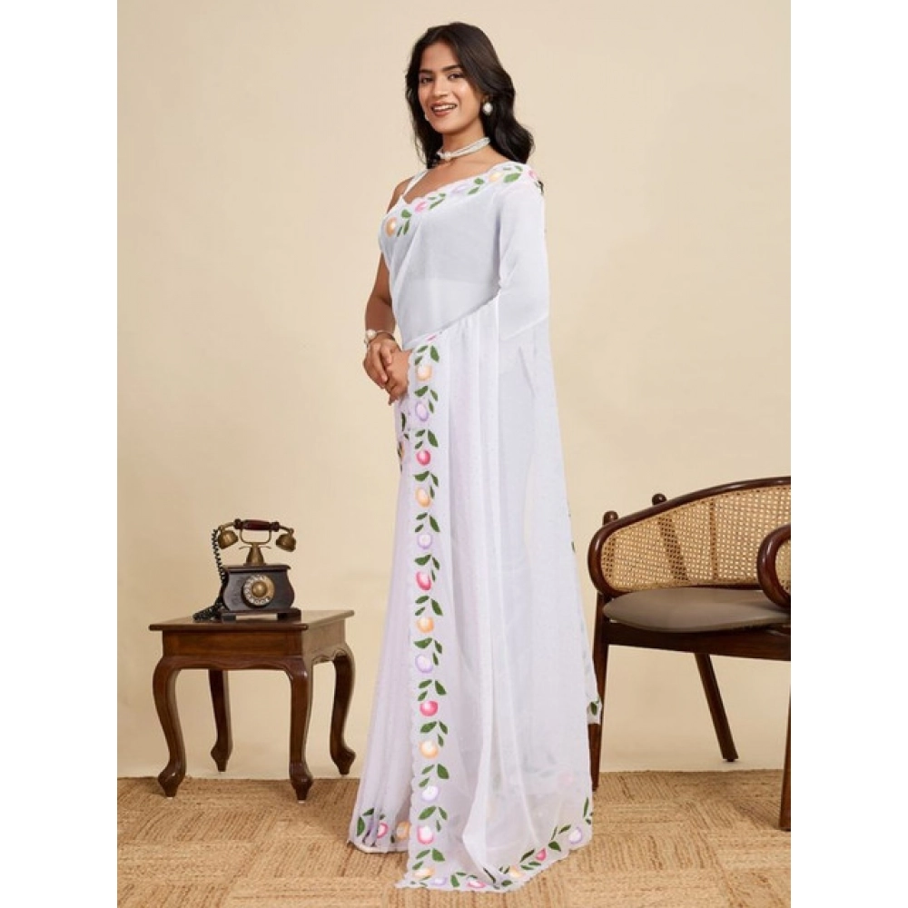 Generic Women’s Georgette Printed Saree With Unstitched Blouse 5.5Mtr (White)