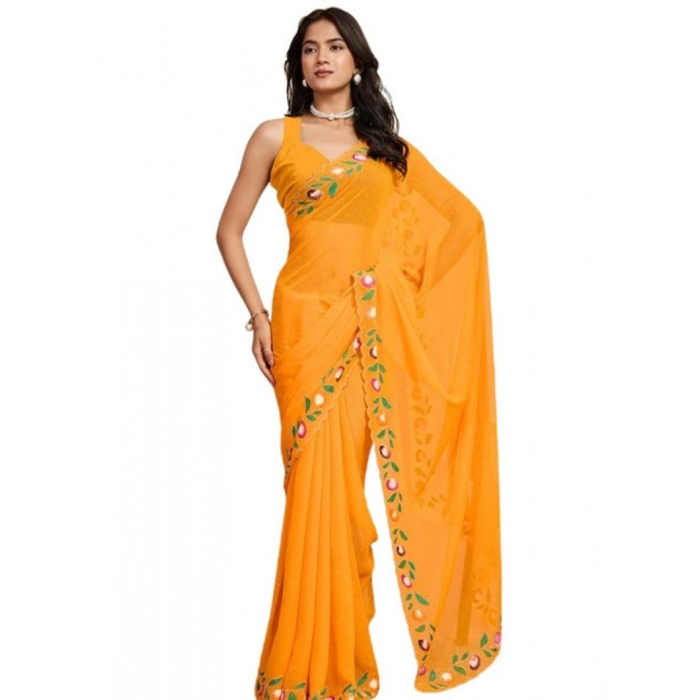 Generic Women's Georgette Printed Saree With Unstitched Blouse 5.5Mtr (Yellow) - Image 4