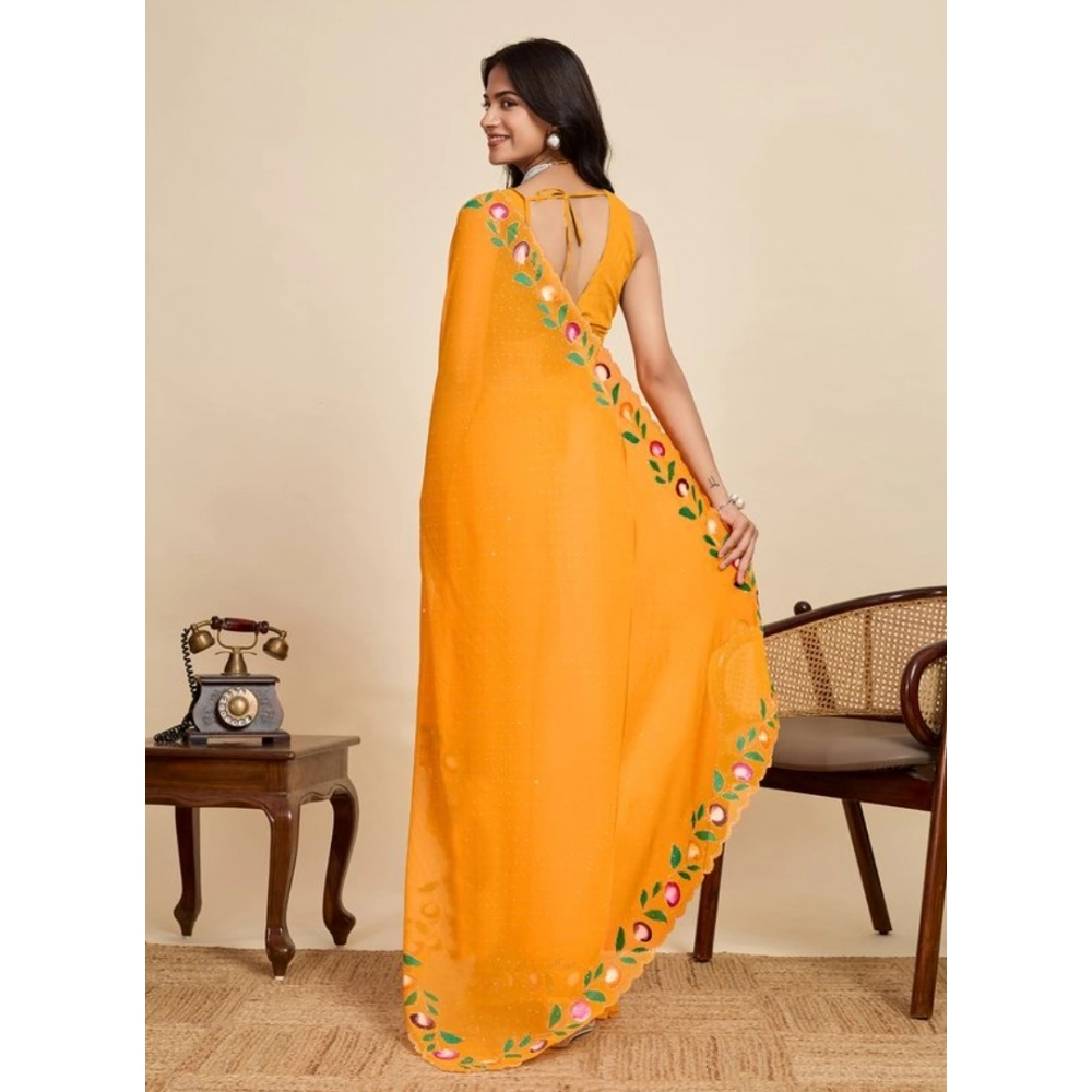 Generic Women's Georgette Printed Saree With Unstitched Blouse 5.5Mtr (Yellow) - Image 3