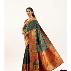 Generic Women's Faux_Banarasi Woven Motifs Saree With Unstitched Blouse 5.5Mtr (Dark_Green)
