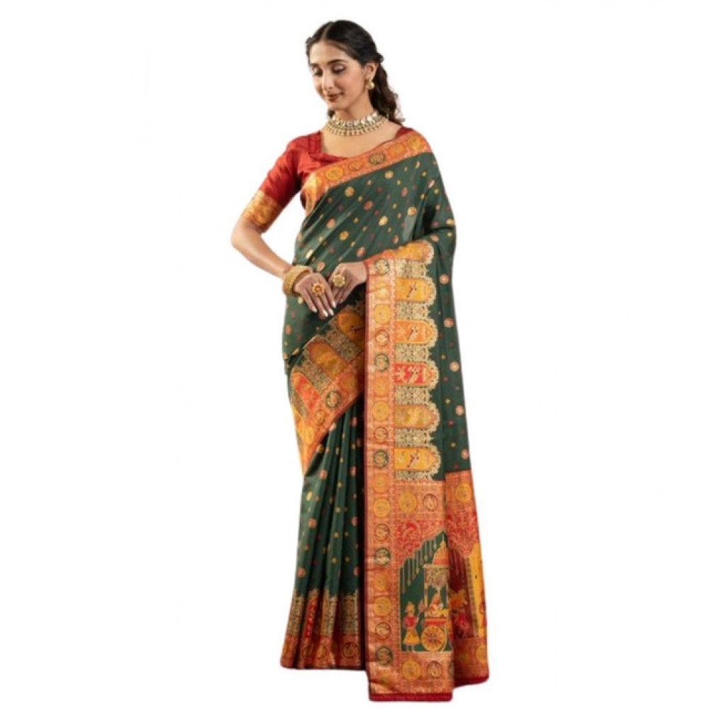 Generic Women's Faux_Banarasi Woven Motifs Saree With Unstitched Blouse 5.5Mtr (Dark_Green) - Image 4