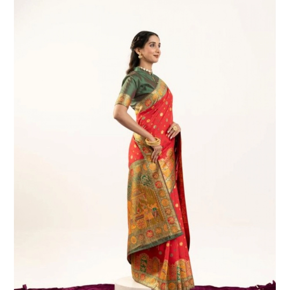 Generic Women's Faux_Banarasi Woven Motifs Saree With Unstitched Blouse 5.5Mtr (Orange) - Image 3