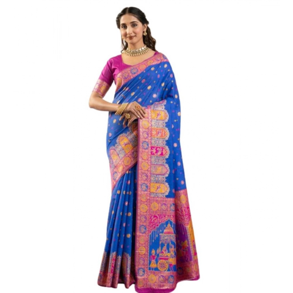 Generic Women's Faux_Banarasi Woven Motifs Saree With Unstitched Blouse 5.5Mtr (Royal_Blue) - Image 4
