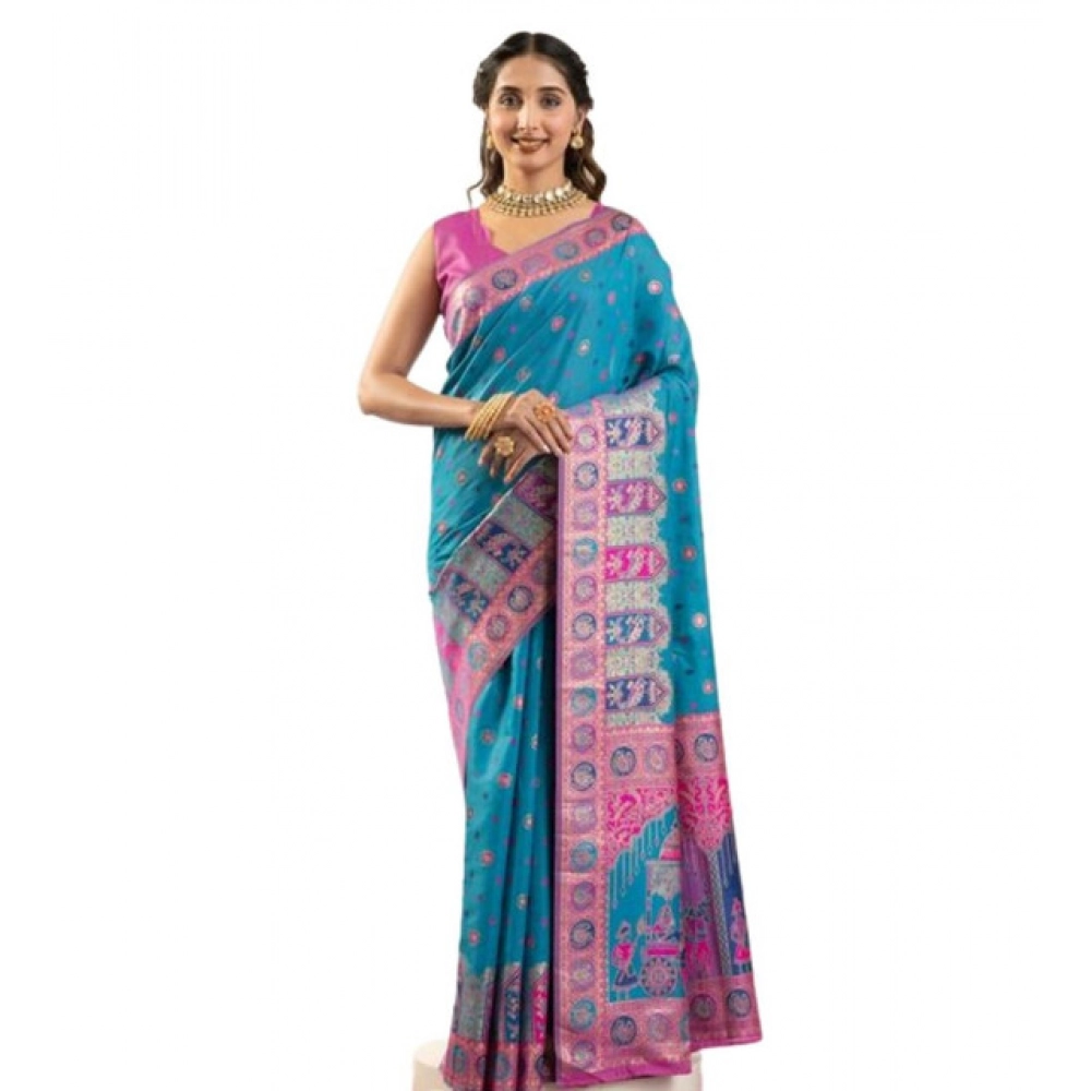 Generic Women's Faux_Banarasi Woven Motifs Saree With Unstitched Blouse 5.5Mtr (Teal) - Image 4