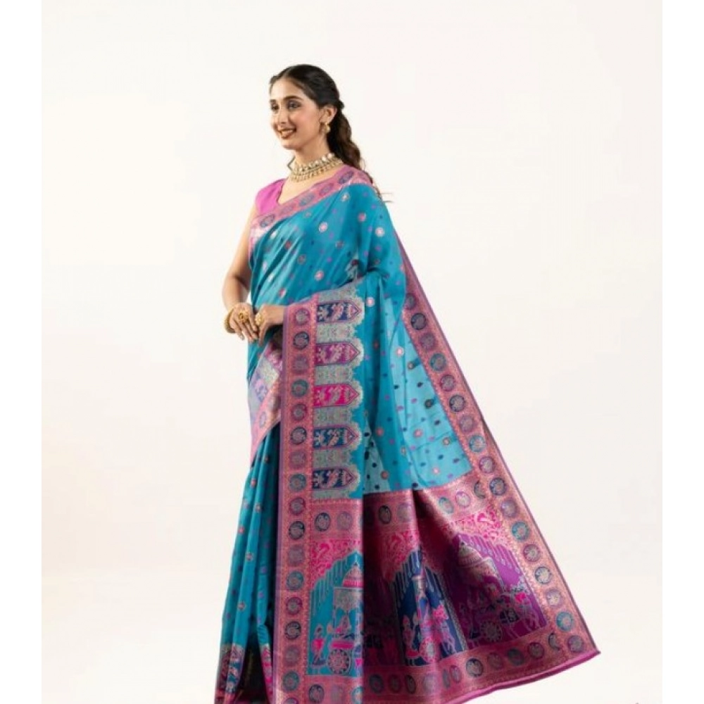 Generic Women's Faux_Banarasi Woven Motifs Saree With Unstitched Blouse 5.5Mtr (Teal)
