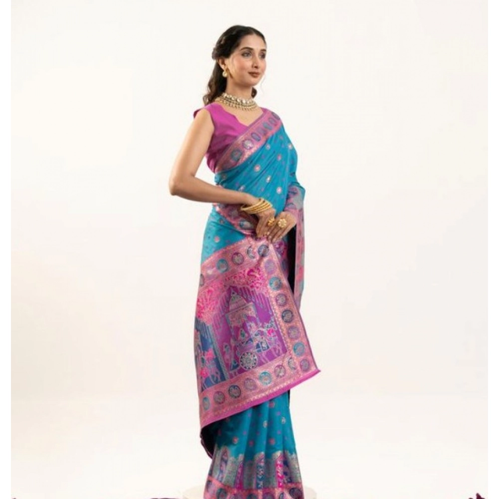 Generic Women's Faux_Banarasi Woven Motifs Saree With Unstitched Blouse 5.5Mtr (Teal) - Image 3