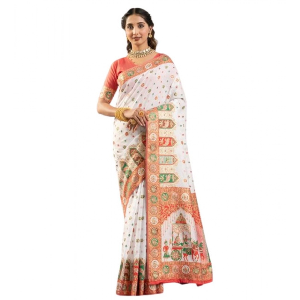 Generic Women's Faux_Banarasi Woven Motifs Saree With Unstitched Blouse 5.5Mtr (White) - Image 4