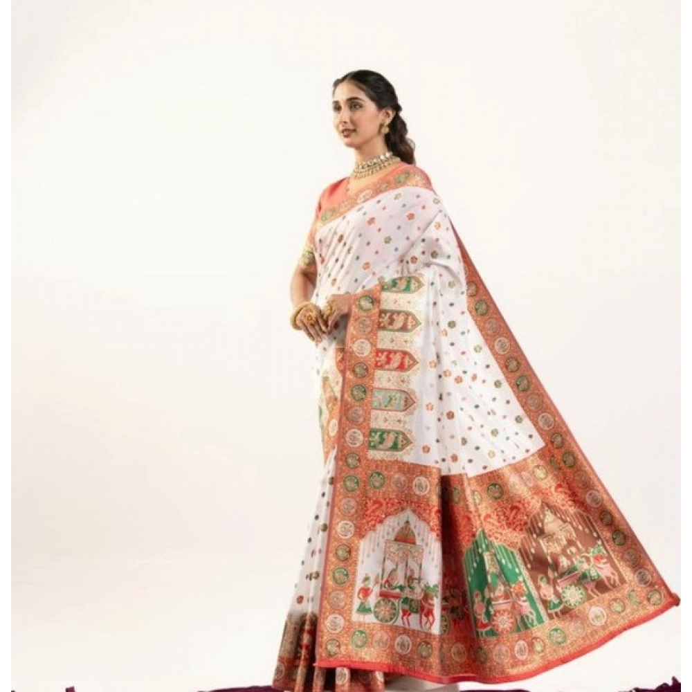 Generic Women's Faux_Banarasi Woven Motifs Saree With Unstitched Blouse 5.5Mtr (White)