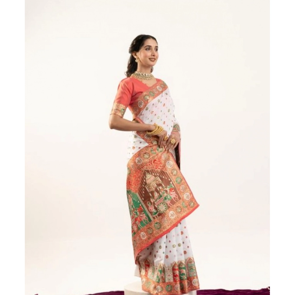 Generic Women's Faux_Banarasi Woven Motifs Saree With Unstitched Blouse 5.5Mtr (White) - Image 3