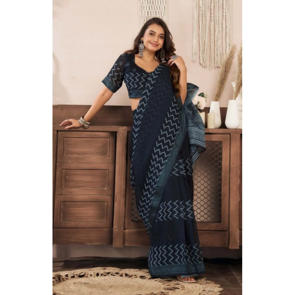 Generic Women's Faux Linen Geometric Print Ready to wear Saree With Unstitched Blouse 5.5Mtr (Black) - Image 3