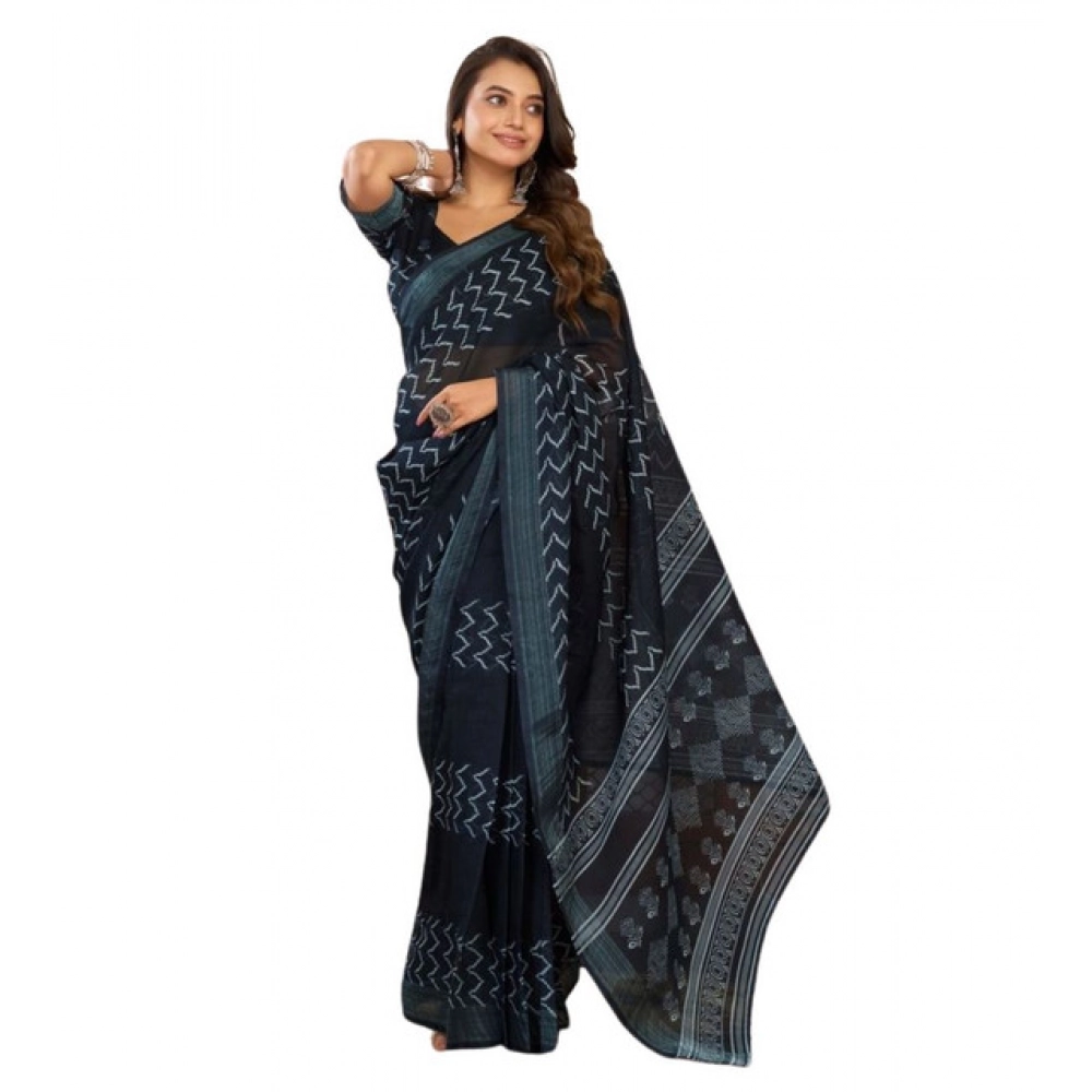 Generic Women's Faux Linen Geometric Print Ready to wear Saree With Unstitched Blouse 5.5Mtr (Black) - Image 5