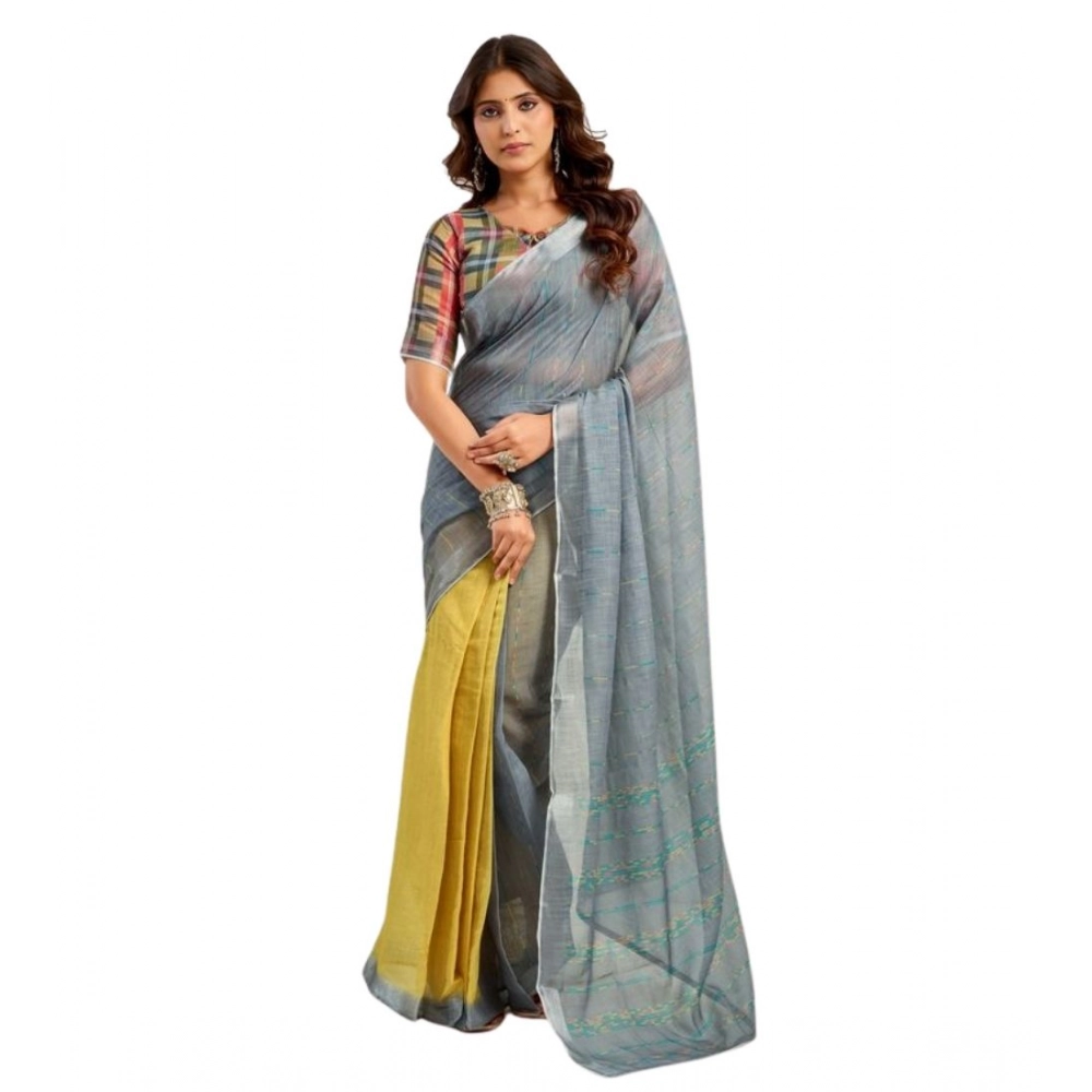 Generic Women's Faux Linen Geometric Ready to wear Saree With Unstitched Blouse 5.5Mtr (Grey) - Image 5