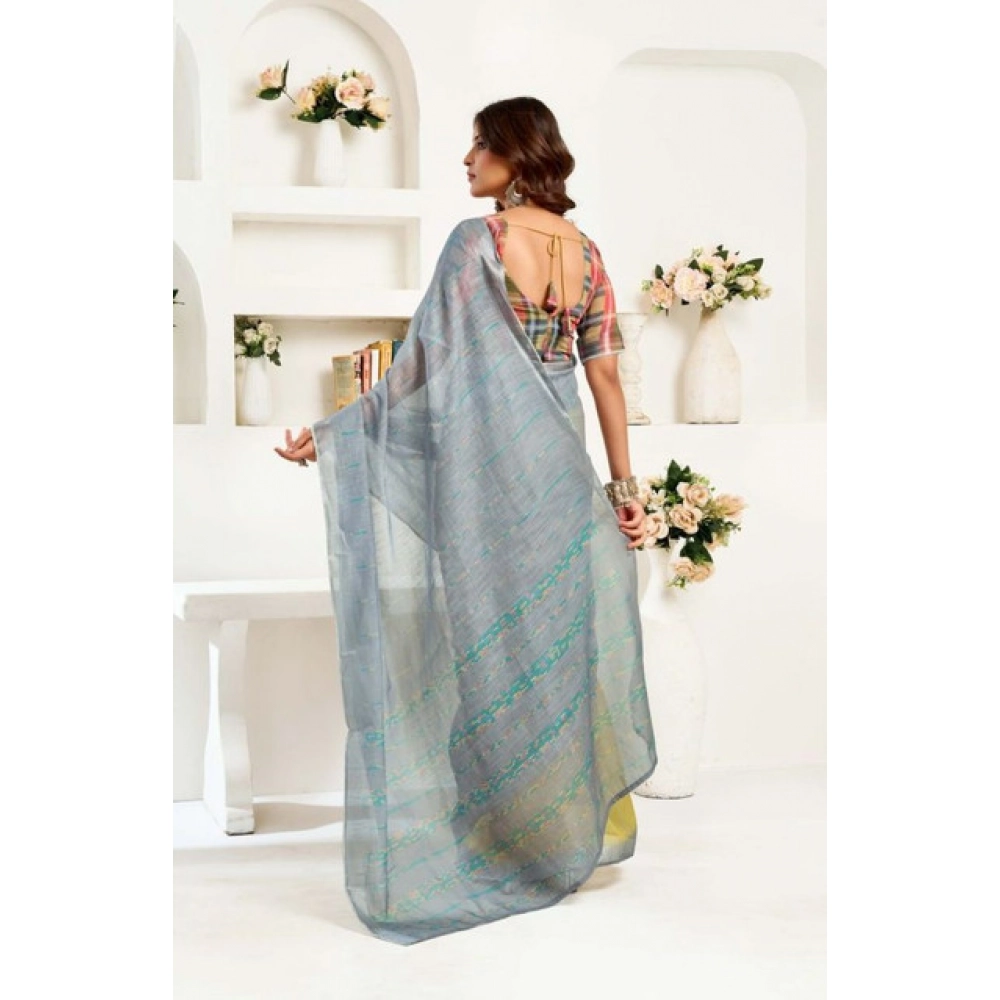 Generic Women's Faux Linen Geometric Ready to wear Saree With Unstitched Blouse 5.5Mtr (Grey) - Image 4